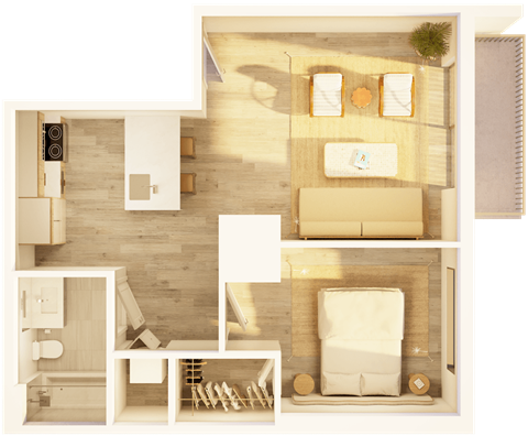 Floor plan for 1 bed, 1 bath, 641 sqft